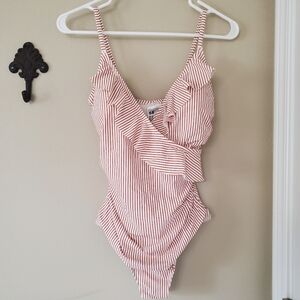 H&M Brown and White Vertical Stripe Ruffle Plunge One Piece Swimsuit Size Small